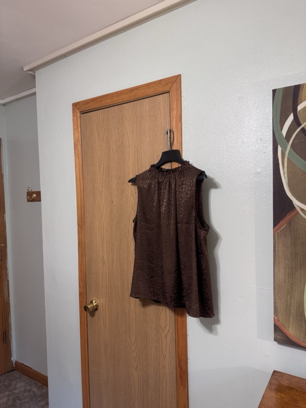 Ann Taylor Factory XL Brown w/Animal Print Sleeveless Ruffleneck Blouse - EUC